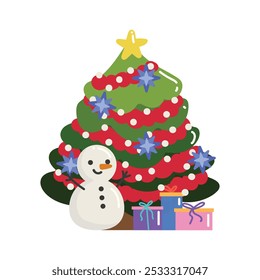 Christmas Tree With Gift Box And Snowman Vector - 03