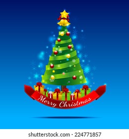 Christmas tree with gift box star snow ball and ribbon on the blue background
