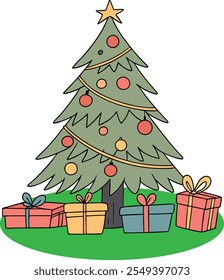 Christmas Tree with Gift Box, vector art illustration 