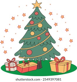 Weihnachtsbaum mit Geschenkbox, Vektorgrafik 