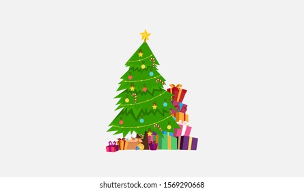 christmas tree and gift box for wallpaper card flat vector design.
