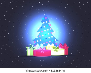 Christmas tree with gift boxes. Bright Christmas poster. Vector illustration.