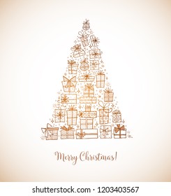 Christmas tree from gift boxes. Christmas card on vintage background