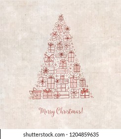 Christmas tree from gift boxes. Christmas card on vintage background