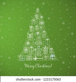 Christmas tree from gift boxes. Christmas card on green background