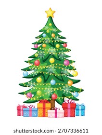 Árbol de Navidad con cajas de regalo en estilo de dibujos animados. Ilustración vectorial de árbol de Navidad decorado festivo, cajas de regalo con diferentes diseños: estrellas, corazones, copos de nieve, olas, rayas. Regalos de Año Nuevo.
