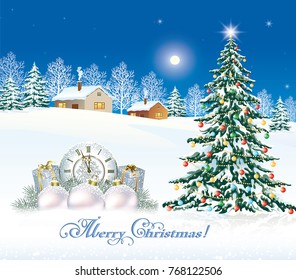 Christmas tree  with gift boxes and clock on the winter landscape. Vector illustrations