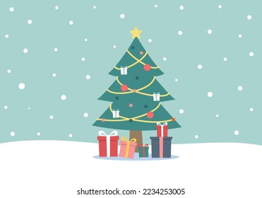 Christmas tree and gift boxes with copy space in pastel style.