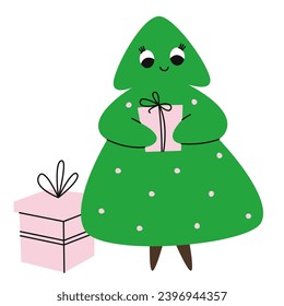 Christmas tree with gift boxes. Cute character in cartoon style.