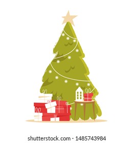 Christmas tree and gift boxes, decoration lamp amd garland. Christmas and new year illustration flat style