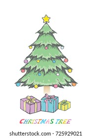 Christmas tree with gift boxes. Decoration balls and star. Hand drawn vector sketch for New year and christmas holiday.