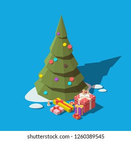 Christmas tree with gift boxes and decorations. Happy New Year or Merry Christmas icon. Vector isometric illustration on isolated background