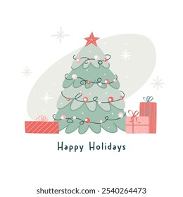 Árbol de Navidad y cajas de regalo en papel de regalo festivo con cinta y arcos. Ilustración vectorial plana de moda en estilo moderno