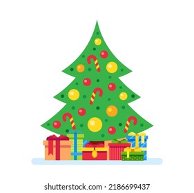 Christmas tree and gift boxes. Fir tree decorated with toy balls and candy canes for xmas celebration. Winter holiday festive symbol with colorful presents isolated on white vector