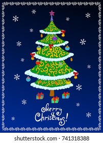 Christmas tree with gift boxes greeting card on blue background. Bottom is congratulations Merry Christmas.