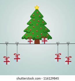 christmas tree gift boxes hanging on twine