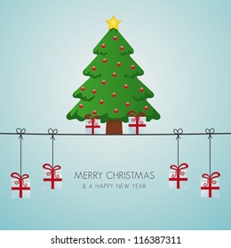 christmas tree gift boxes hanging on twine
