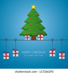 christmas tree gift boxes hanging on twine