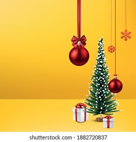 Christmas tree with gift boxes. Hanging red snowflakes and baubles. Card, poster, banner. Vector holiday illustration.