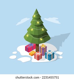 Christmas tree with gift boxes. Happy New Year or Merry Christmas. Vector isometric illustration
