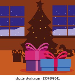 christmas tree and gift boxes in the house
