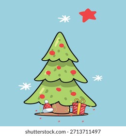 Árvore de Natal com ícone de caixas de presente ilustração para celebração de feriado, decoração de inverno, cartões de saudação e uso de design festivo.