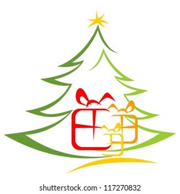 Christmas tree and gift boxes isolated on a white background.