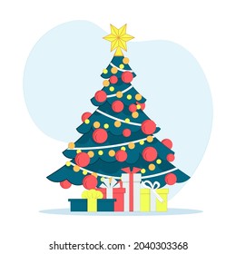 Christmas tree with gift boxes isolated on white background. Vector illustration in a flat style. Star, Christmas balls, light bulbs on the tree. New Year elements for decoration. Modern  design.
