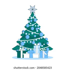 Christmas tree with gift boxes isolated on white background. Vector illustration in a flat style. Star, Christmas balls, light bulbs on the tree. New Year elements for decoration. Modern design.