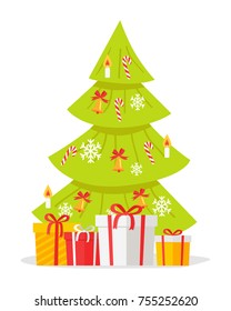Christmas tree with gift boxes isolated on white. Cartoon fir tree with snowflakes, sweet candies and candles with fire xmas holiday concept. Happy New Year winter season holiday celebration. Vector