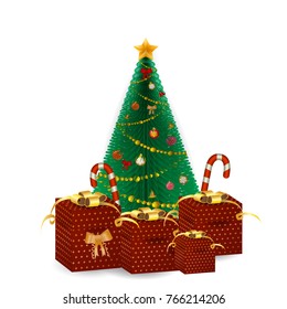 Christmas tree with gift boxes isolated on white background. Holidays vector illustration.