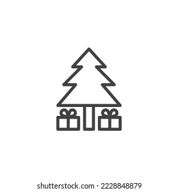 Christmas tree and gift boxes line icon. linear style sign for mobile concept and web design. Xmas gift box and tree outline vector icon. Symbol, logo illustration. Vector graphics