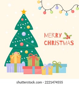 Christmas tree and gift boxes. Merry Christmas and Happy New Year. Design for greeting cards, postcards, web, posters. Flat style.