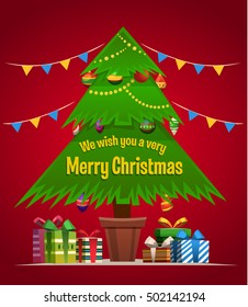 Christmas tree & gift boxes, Merry Christmas post-card, banner, poster, Vector Illustration