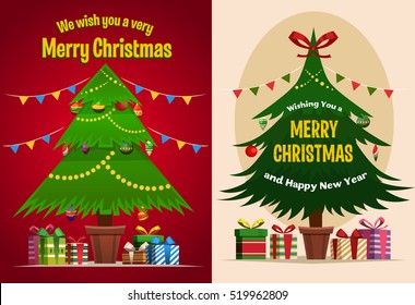 Christmas tree & gift boxes, Merry Christmas post-card, banner, poster, Christmas Invitation, Vector Illustration