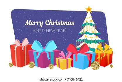 Christmas tree and gift boxes. Merry Xmas and happy New Year greeting card. Vector horizontal Illustration