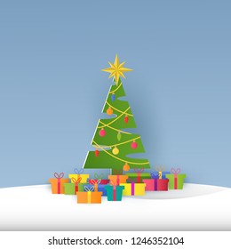 Christmas tree with gift boxes on color winter background,paper art design style vector graphic illustration.
