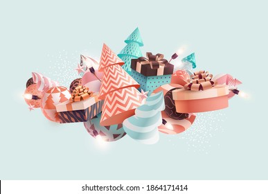  Christmas tree with gift boxes on light background. New year greeting card design.