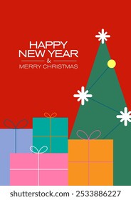 Christmas tree and gift boxes on a red background. New Year's poster with a minimalistic design.