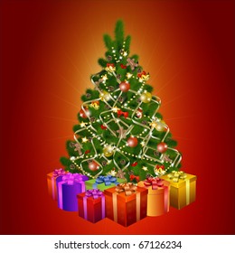 Christmas tree with gift boxes on red background. Vector eps10 illustration