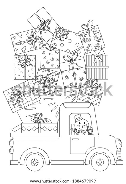 Christmas tree and gift boxes on pickup truck\
vector illustration cartoon. Cute car with christmas tree and gift\
boxes vector cartoon coloring page.\
