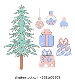 Árvore de Natal com caixas de presente e ornamentos ilustração em cores pastel para decoração de celebração de feriado