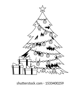 christmas tree and gift boxes over white background, vector illustration