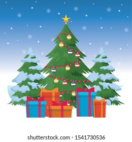 christmas tree with gift boxes over blue background, colorful design. vector illustration