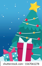 christmas tree and gift boxes over snowy night background, colorful design, vector illustration