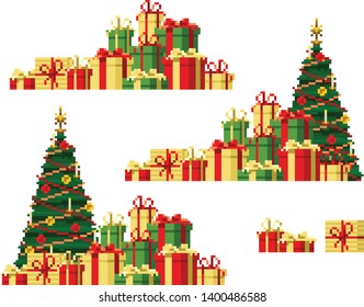 Christmas Tree and Gift boxes, Pixel art vector illustration