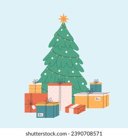 Christmas tree with gift boxes. Christmas presents. Happy New Year and Merry Christmas. Vector illustration in flat style