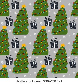 Christmas tree and gift boxes seamless pattern. Festive background vector illustration for wrapping paper, fabric, children's clothing
