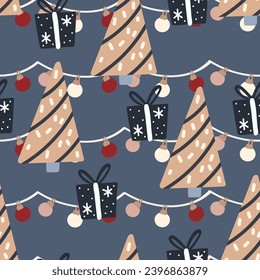 Christmas tree and gift boxes seamless pattern. Festive background vector illustration for wrapping paper, fabric, children's clothing