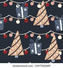 Christmas tree and gift boxes seamless pattern. Festive background vector illustration for wrapping paper, fabric, children's clothing